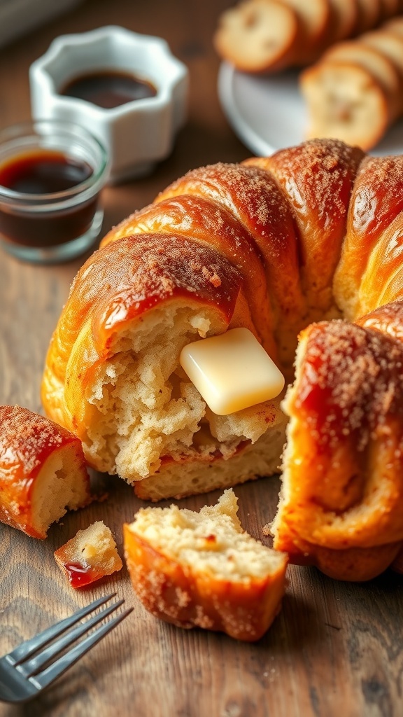 Easy Monkey Bread Recipe Golden-brown monkey bread with cinnamon sugar, displayed on a wooden table with a cup of coffee.